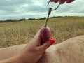 Beautiful public urethral plug in field - real sounding outdoor cum 4K