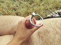 Beautiful public urethral plug in field - real sounding outdoor cum 4K