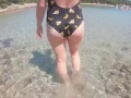 Risky Busy Public Beach Underwater Handjob Cumshot | Curvy Ginger Redhead