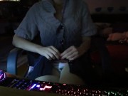 Gamer girl touches her hairy pussy after winning a match