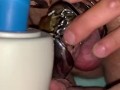 Vibrating his chastity cage until he cums on my pussy Part 2