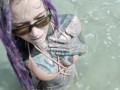 Heavily tattooed dreadlocks Anuskatzz holiday ocean tease with Lily Lu