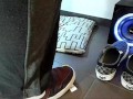 Male shoeplay and stomping stuff at home in Nikes, Vans, blue stiped socks