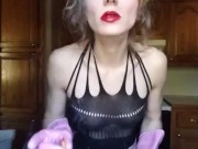 Hot young housewife chores-rubber gloves smoking lingerie STRIPS n kitchen!