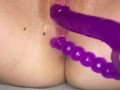 Wife rubs clit, gets fingered & double penetrating dildo in her pussy & ass
