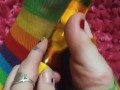Dirty ripped up clown socks and my new banana dildo