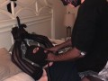 Wife gives footjob and edges ballgagged husband tied to bed