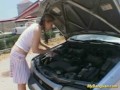 Nasty babe gets banged in the van with three big cocks