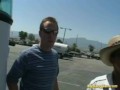 Nasty babe gets banged in the van with three big cocks