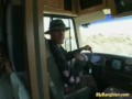 Nasty babe gets banged in the van with three big cocks
