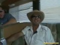 Nasty babe gets banged in the van with three big cocks
