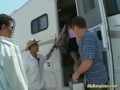 Nasty babe gets banged in the van with three big cocks