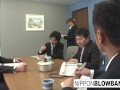 Asian office girl blows her coworkers