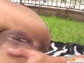 Black babe gets her shaved cunt licked and pumped by a dude with big dick outside