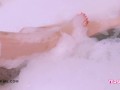 Sexy brunette takes bath, shows cute pussy & pretty feet