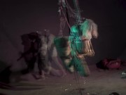 Tattoo Couple suspend together with Hooks and rope - SHIBARI