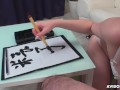 Japanese girl Renka Shimizu sucking dick and writes with a pencil uncensored.