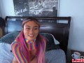 Busty Asian Babe with Pink Hair Sucks Her Landlord Huge Cock To Not Get Evicted!