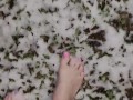 Pink toes walking in freezing cold snow