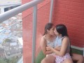 passionate kisses and touching my girlfriend's pussy on the balcony