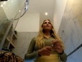 Sexy and horny blonde wife in plead skirt takes off her underwear red thong in the bathroom to show her tight pussy and booty