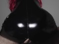 I ride him in reverse in my latex suit, but my pussy is too tight and he can't resist