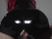 I ride him in reverse in my latex suit, but my pussy is too tight and he can't resist