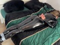 Girl in leather do blowjob and have sex while cuffed