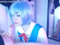 Rei Ayanami first time, fucks rough with her big oiled ass, makes step dad cum loads over cute face