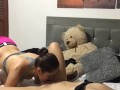 I kiss the tits of a beautiful Latina, I take off her shorts and I lick her pussy then she licks my