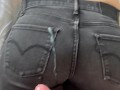 I suck his cock and he cums on my jeans ass