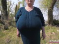 Pauline is a busty bbw with super heavy long tits. She is outside and bounces the fuck out of those hangers.