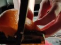 Busting open whole oranges with my BareFeet on my break pedal back pov so you can see it squirt