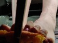 Busting open whole oranges with my BareFeet on my break pedal back pov so you can see it squirt