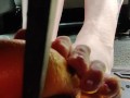 Busting open whole oranges with my BareFeet on my break pedal back pov so you can see it squirt