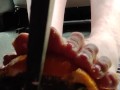 Busting open whole oranges with my BareFeet on my break pedal back pov so you can see it squirt