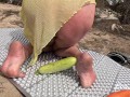 multiorgasm from vegetables of a red-haired slut in nature