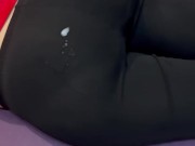 he cums his last drop of cum for today on my leggings his balls are completely empty