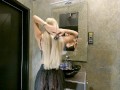 No Underwear Big Boobs Blonde Girl in Bathroom shows Under her Skirt Shaved Pussy