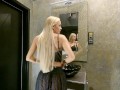 No Underwear Big Boobs Blonde Girl in Bathroom shows Under her Skirt Shaved Pussy