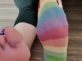 Slow sock removal (long & colorful) with some sexy meaty soles and wiggling & spreading toes