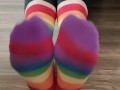 Slow sock removal (long & colorful) with some sexy meaty soles and wiggling & spreading toes