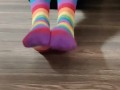 Slow sock removal (long & colorful) with some sexy meaty soles and wiggling & spreading toes