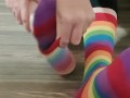 Slow sock removal (long & colorful) with some sexy meaty soles and wiggling & spreading toes