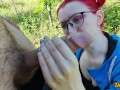 schoolgirl with red hair gives a blowjob to get cum on her hair, face and glasses
