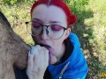 schoolgirl with red hair gives a blowjob to get cum on her hair, face and glasses