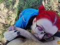 schoolgirl with red hair gives a blowjob to get cum on her hair, face and glasses