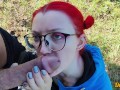 schoolgirl with red hair gives a blowjob to get cum on her hair, face and glasses