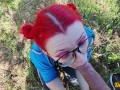 schoolgirl with red hair gives a blowjob to get cum on her hair, face and glasses