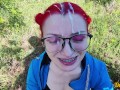 schoolgirl with red hair gives a blowjob to get cum on her hair, face and glasses